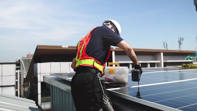 Technician installing rooftop solar panels for green energy, supporting renewable energy, clean power, sustainable technology and solar infrastructure.