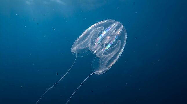 Transparent comb jelly ctenophore swimming in deep blue ocean