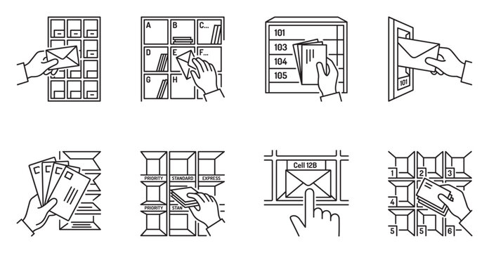 Hands sorting and delivering mail envelopes into mailboxes and postal slots.