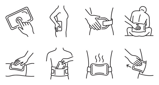 Heating pad and hot pack applications for body pain relief icons.
