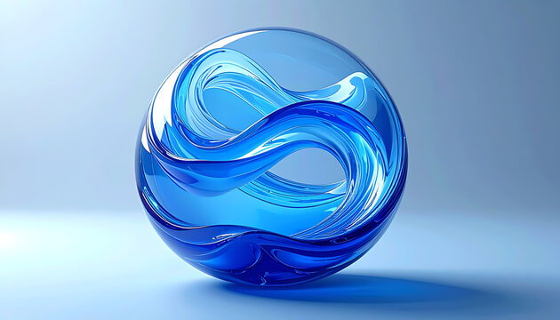 Abstract blue glass sphere with flowing wave pattern inside, fluid motion, liquid swirls, translucent material, smooth curves, modern 3d render