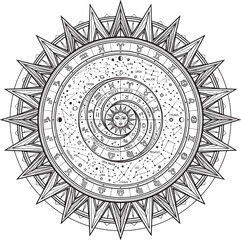Naklejka premium Detailed astrological sun symbol with a central face, zodiac signs, constellations, and moon phases surrounded by sharp rays on white background