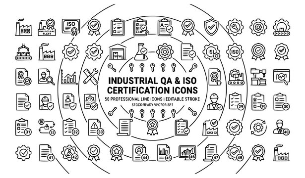 Industrial Quality Assurance and ISO Certification Line Icons Collection with Factory Audit and Approval Symbols