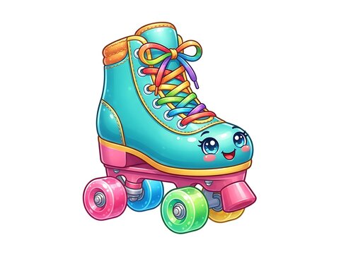 A colorful cartoon roller skate with a smiling face and rainbow laces