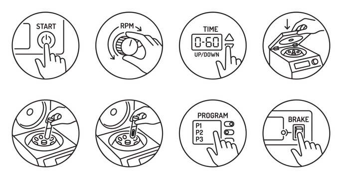 Centrifuge usage guide with hands pressing buttons and adjusting settings and loading.