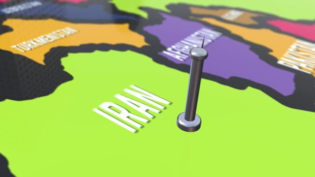 Iran flag pin landing on map in smooth digital motion animation footage