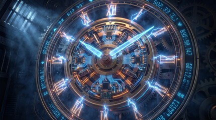 Fototapeta premium Futuristic Mechanical Clock Face with Glowing Electric Energy and Intricate Gear Detail