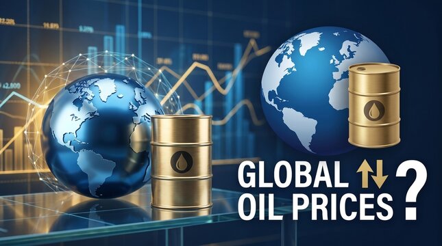 Global oil prices fluctuate on a world map background with graphs and barrels.