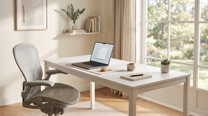 Fototapeta premium Minimalist home office setup with laptop on desk and ergonomic chair