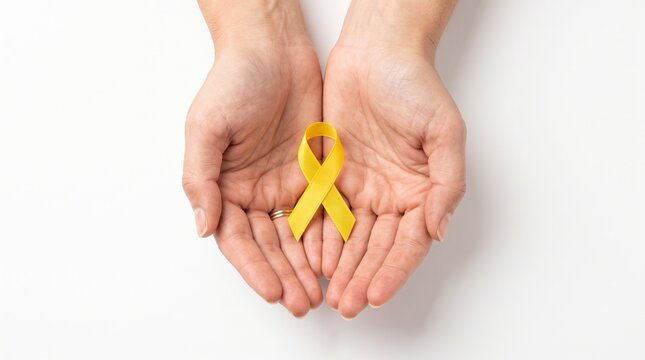 Cupped hands holding yellow ribbon for childhood cancer and sarcoma awareness