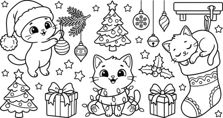 Fototapeta premium Cute Christmas kitten cartoon collection with Santa hat, gifts, ornaments, Christmas tree, stocking, and festive holiday outline vector illustration set