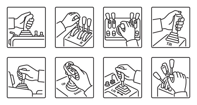 Collection of hands operating different types of levers and joysticks for control.