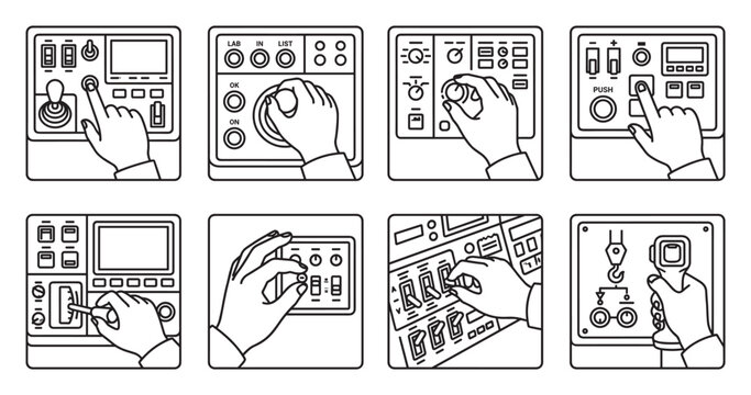 Control panel operation for machinery with hands using joystick buttons and switches.