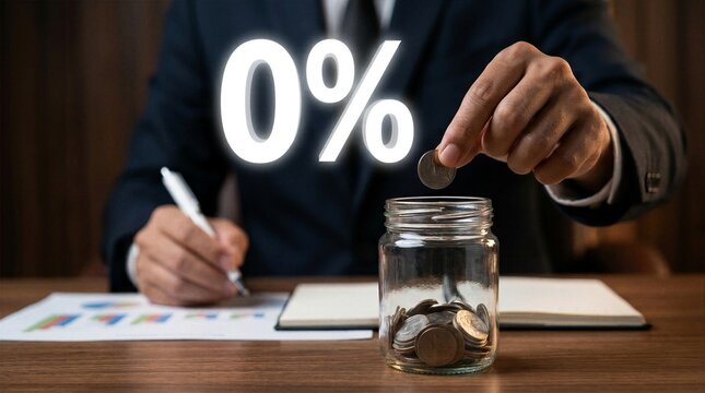 Businessman putting coin into glass jar with zero percent interest rate text floating above desk