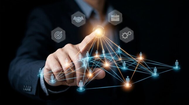 Executive hand touching glowing apex of digital people network pyramid for corporate leadership structure