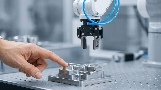 Engineer hand inspecting machined steel part handled by industrial robotic arm in modern factory.