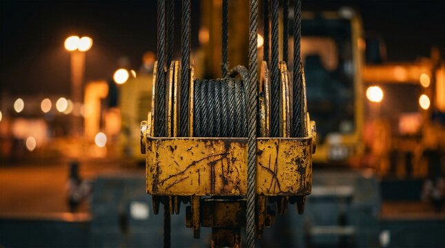 Heavy duty rusty yellow crane hook and steel wire rope at industrial construction site at night.