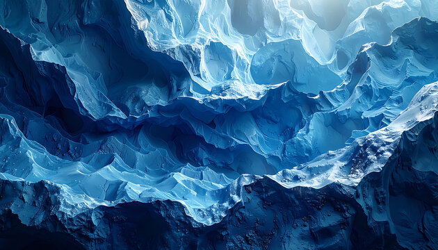 Abstract blue and white wavy fractal landscape, detailed texture with glowing highlights, representing digital data flow or mountain terrain
