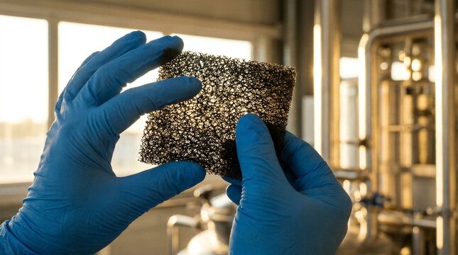 Close up of scientist holding innovative reticulated foam sample for air filtration and environmental technology testing in bright engineering laboratory setting with steel equipment