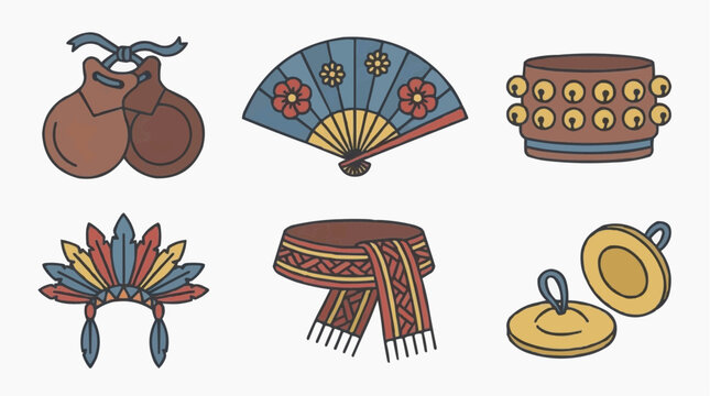 A collection of cultural items and musical instruments for the concept of heritage and tradition.