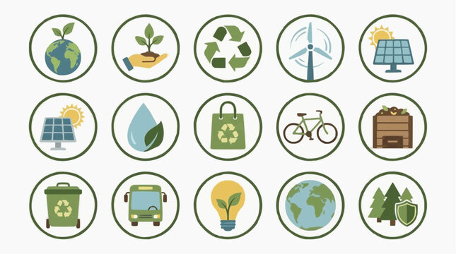 A collection of eco-friendly icons representing sustainability and environmental conservation.