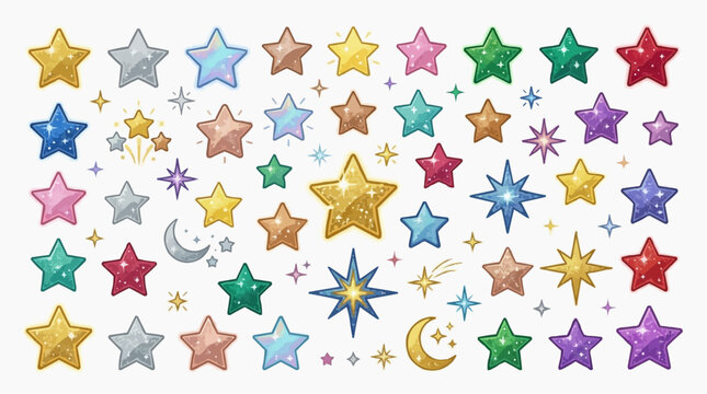 A collection of sparkling stars and moons in various colors and sizes.