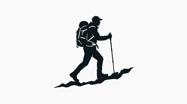 Silhouette of a hiker with a backpack and hiking pole traversing a mountain path, symbolizing adventure and outdoor exploration.