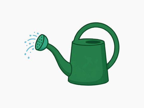 A green watering can with water droplets for the concept of gardening and care.