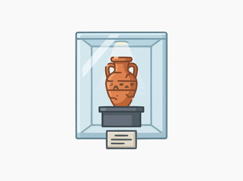 An ancient clay pot displayed in a museum exhibition case.