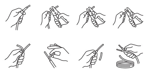 Fototapeta premium Wire stripping tool icons showing hands using pliers to remove insulation.