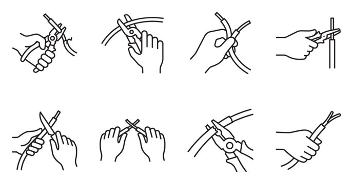 Wire cutting pliers icons showing hands using tool to cut electrical cable.