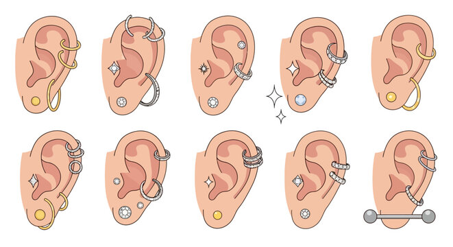 Various ear piercings and earrings on.