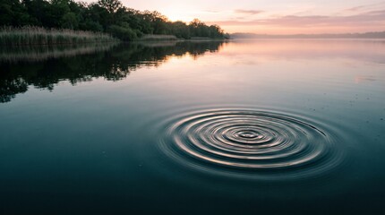 Fototapeta premium Concentric ripples on still dark teal water at dawn, calm and mindfulness background with copy space