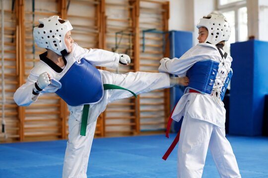 Kids practicing taekwondo sparring with protective gear