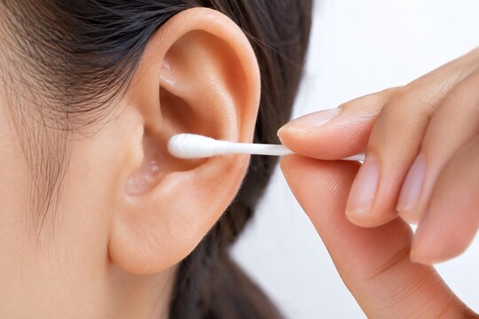 Cleaning ear with cotton swab close up