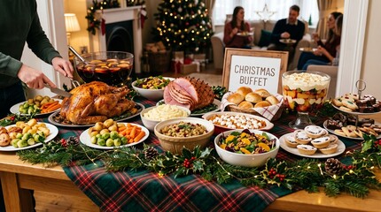 Obraz premium Christmas Buffet Table with Turkey Ham and Festive Decor