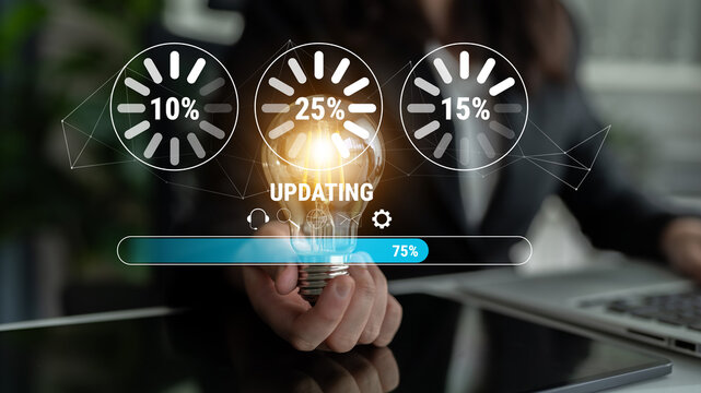 A concept of a system update and software installation. A progress bar and loading icons showing the update percentage and status. Motif