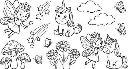 Obraz premium Cute fantasy fairy and unicorn cartoon collection with butterflies, flowers, mushrooms, clouds, shooting stars, and magical outline vector set