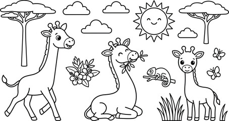 Cute giraffe family safari coloring book page with African wildlife, acacia trees, butterflies, chameleon, sunny landscape, and outline vector illustration © MdMostafijur