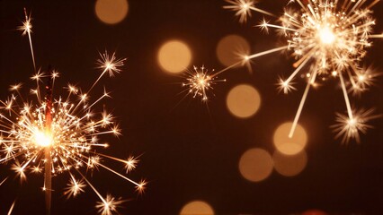 Fototapeta premium Golden sparklers burst in darkness, creating warm, festive light against a blurred night backdrop.