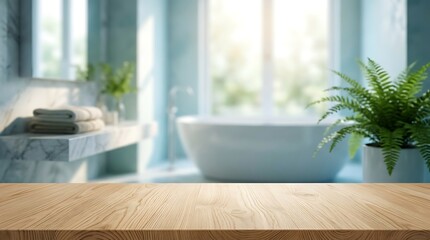 Fototapeta premium Empty wooden table for product display in blurred modern bathroom with bathtub and marble vanity for spa presentation.