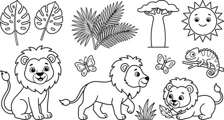 Cute lion family jungle coloring book page with tropical leaves, palm branches, butterflies, chameleon, grass, and safari wildlife vector illustration © MdMostafijur