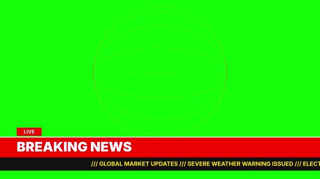 Breaking News broadcast ticker tape showing global market updates and severe weather warnings for television screens