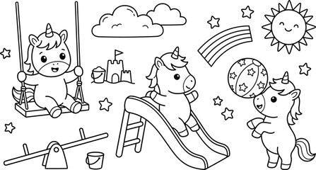 Cute unicorn playground collection coloring book page with swing, slide, beach ball, rainbow, sunshine, and outdoor fun outline vector illustration