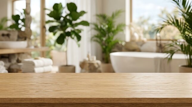 Wooden Table Countertop Foreground with Blurred Luxury Spa Bathroom Interior Background for Product Placement Mockup