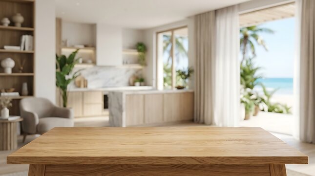 Modern wooden tabletop display in luxury beach house kitchen for professional product mockup and lifestyle branding.