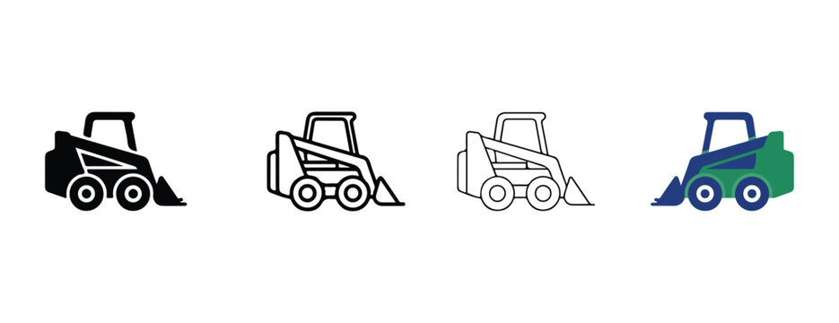 skid steer loader icons in various styles and colors on white background