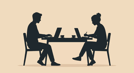 Fototapeta premium Man and woman silhouettes working on laptops facing each other at shared office desk setup.