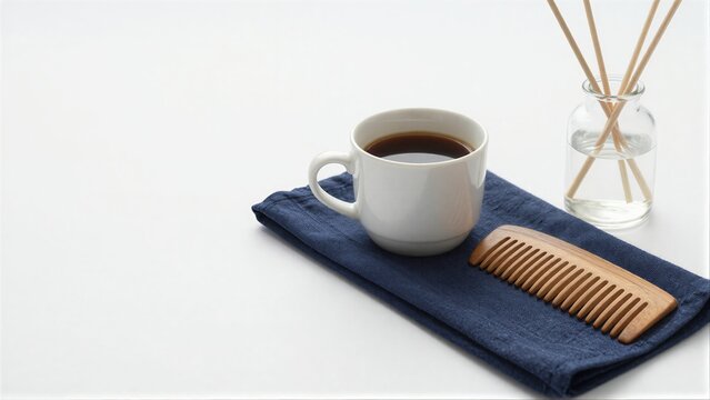 White coffee cup, wooden comb on blue cloth next to reed diffuser.