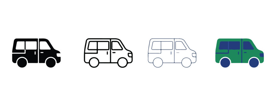 van icons in various styles on a white background for transportation and vehicle concepts